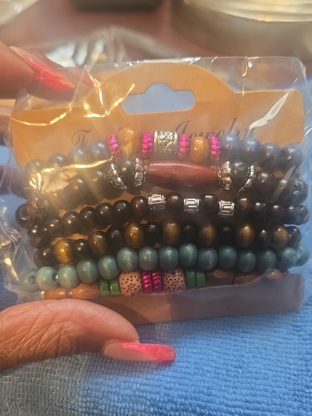 (1)Boho Multi-Strand Beaded Bracelet Set - Teal, Brown, Pink Accents